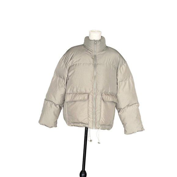 Dazy Oversized Short Puffer Jacket M Beige Full Zip Stand Collar Drawstring Hem - Picture 5 of 10
